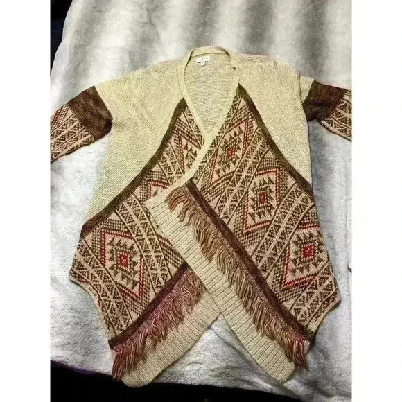 Lucky Cardigan Aztec Southwestern Fringe Asymetrical Open Sweater Womens  Large - Picture 11 of 11